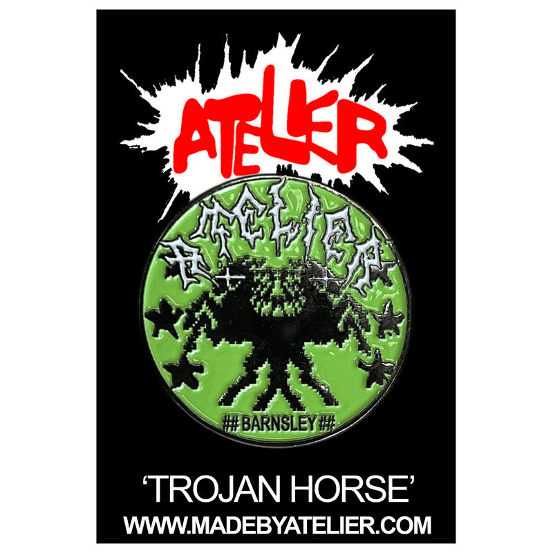 TROJAN HORSE METAL ENAMEL LAPEL PIN - 1 of 1 screenprinted and hand-sewn piece by MadeByAtelier