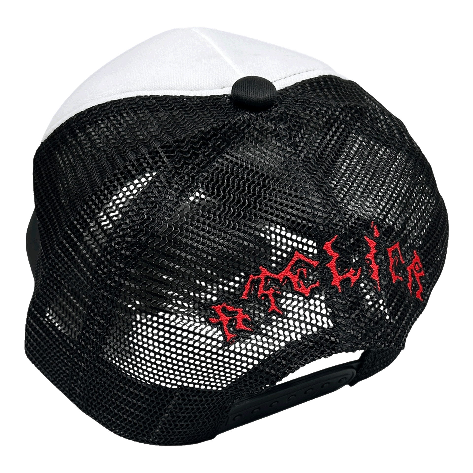CHAOS BLACK TRUCKER HAT back detail - screenprinted patch hand-sewn onto garment by MadeByAtelier