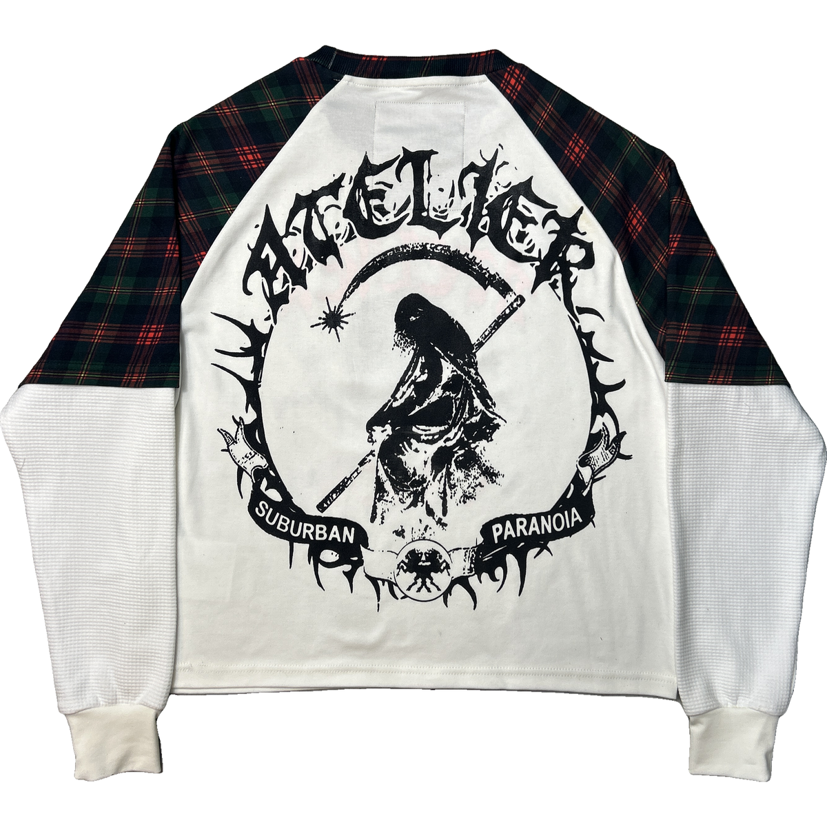 A white long-sleeve raglan sweatshirt with black graphic print on the front, featuring a central circular illustration and the words 'PARANOIA' and 'DURURBANI'. The sleeves and shoulder panels are made of a black, green, and red tartan plaid fabric.